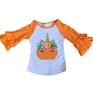 Little Girls Kids Unicorn Halloween Pumpkin Raglan Ruffle Shirt Top Tee Blouse